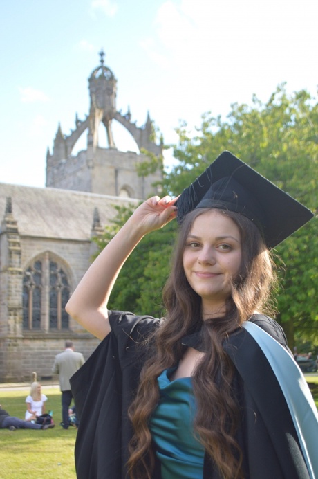 Simona Kostova in her Graduation gown with King's College Chapel in the Background