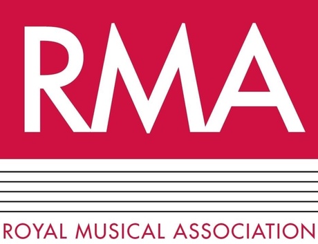 Royal Musical Association Logo, in Red and White, with black stripes beneath
