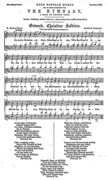 'Onward, Christian Soldiers' as it appeared in the +'Four Popular Hymns' supplement to the Musical Times 15, no. 346 (Dec. 1, 1871)
