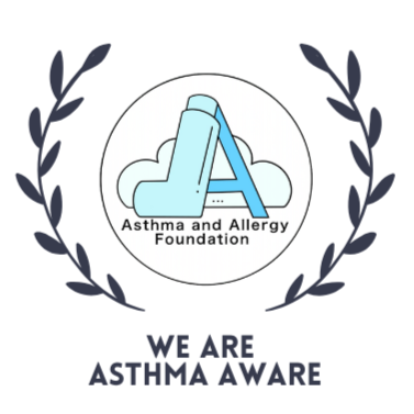 Illustrated image of the letter 'A', with the left side of the A being an asthma inhaler. Underneath the logo it reads 'Asthma and Allergy Foundation we are asthma aware'