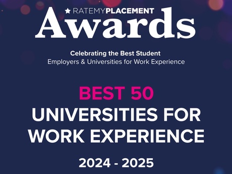 Dark blue graphic with the words Rate My Placement Awards, celebrating the best student employers and universities for work experience. Best 50 2024-2025