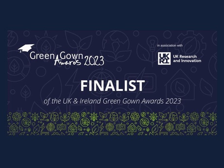 The dark blue Green Gown Awards 2023 finalists logo with the UKRI logo