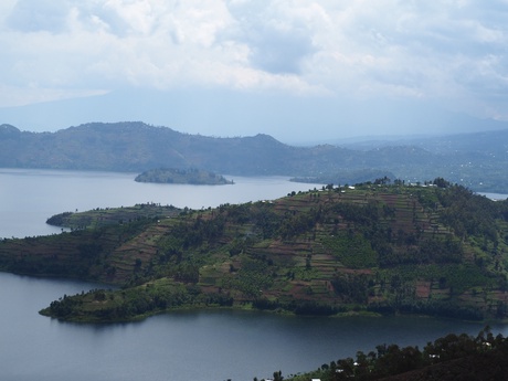 Green hills surrounding lake Burera in Rwanda