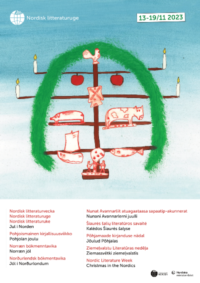Poster for Nordic Literature Week, showing an abstract image of a tree with animals, plants, a boat, and candles upon it.