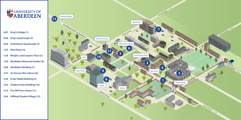 Illustrated map of campus with 360 locations highlighted
