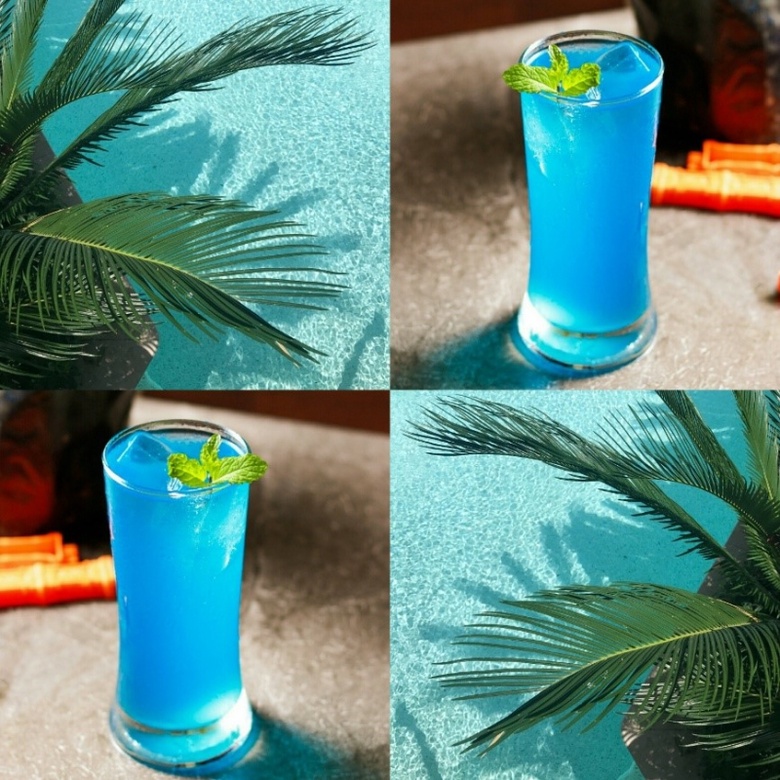 Bright blue cocktail in a highball glass