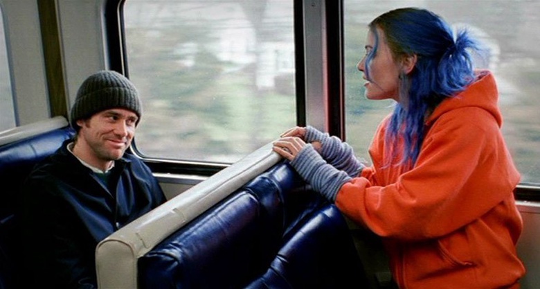 The two main characters sit talking on a train