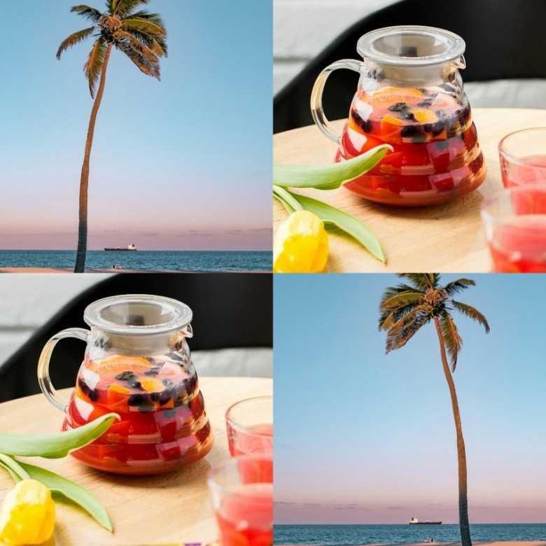 A jug of fruity peach iced tea with palm trees in the background