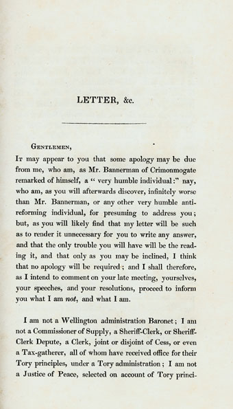 RAD126, Letter to Freeholders, Justices of Peace and Commissioners of Supply for the County of Aberdeen, on the Constitution of their late meeting, their speeches and resolutions. By a Most Notorious Demagogue