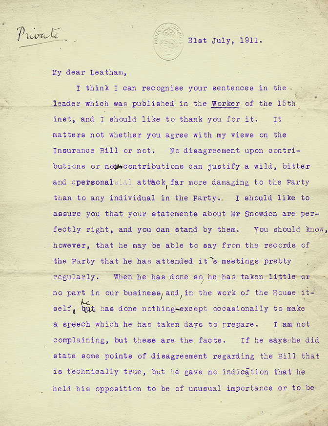RAD174, Letter from J. Ramsay MacDonald to James Leatham