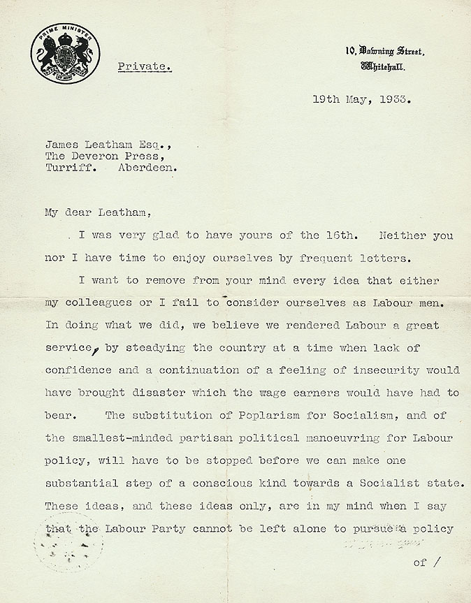 RAD176, Letter from J. Ramsay MacDonald to James Leatham
