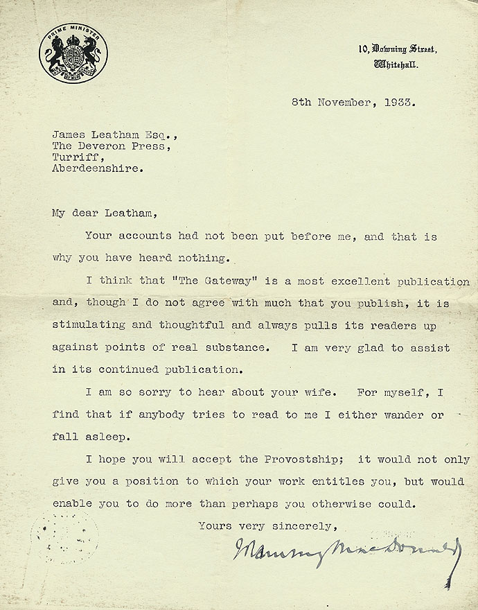 RAD177, Letter from J. Ramsay MacDonald to James Leatham