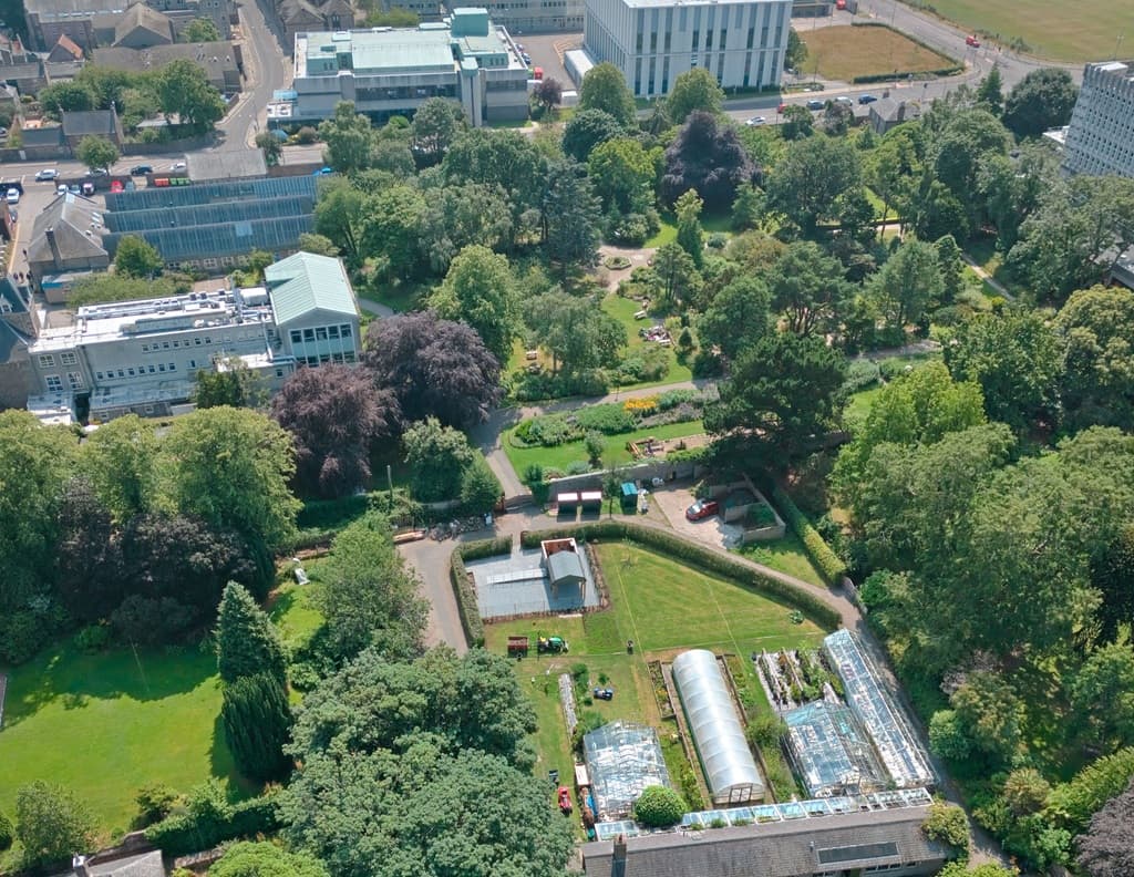 An aerial view of ACO taken by a drone showing ACO (lower-middle) in the Cruickshank Botanic Garden
