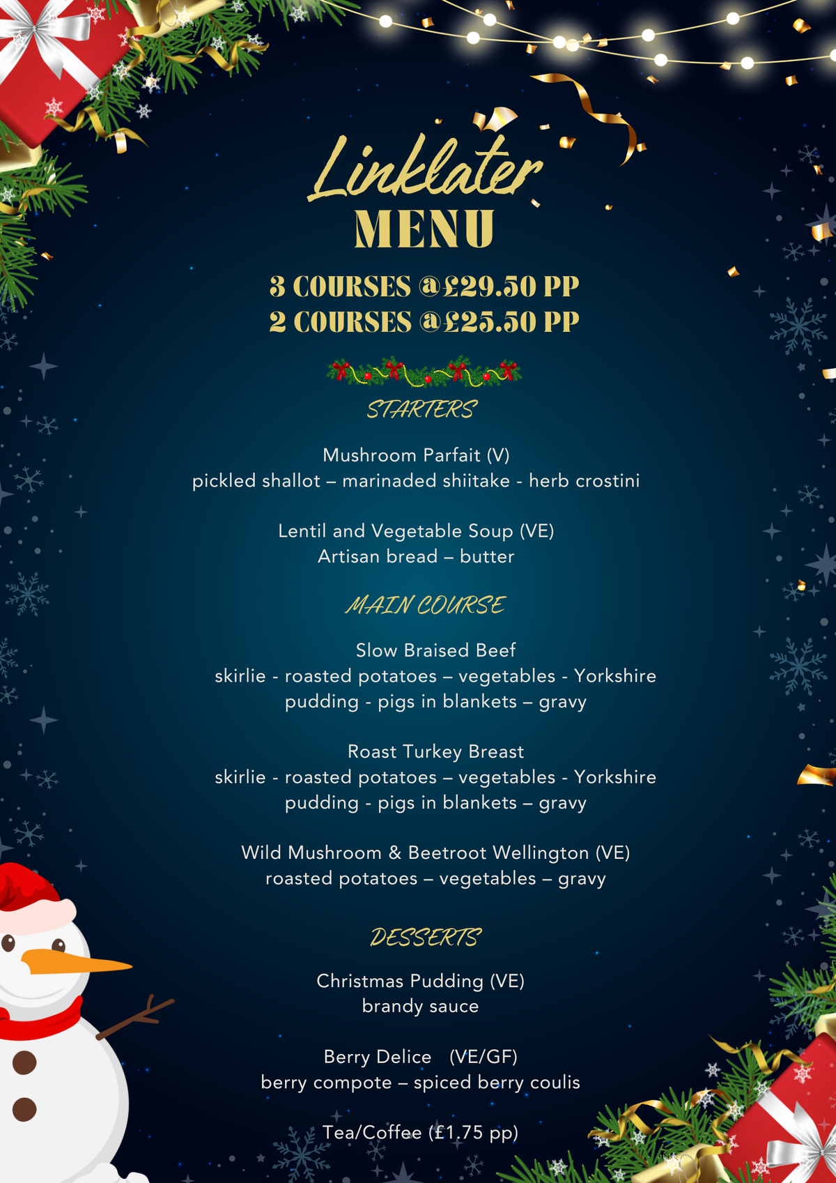 Linklater christmas menu