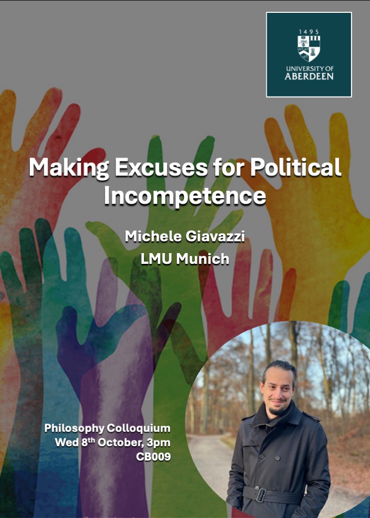 A poster advertising a talk by Michele Giavazzi, entitled 'Making Excuses for Political Incompetence'.