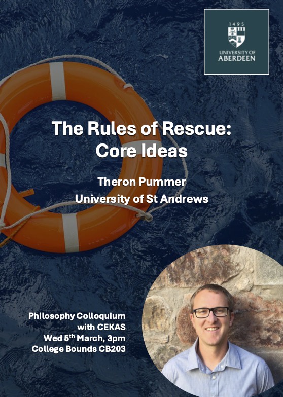 A poster advertising a talk by Theron Pummer, entitled 'The Rules of Rescue: Core Ideas'.