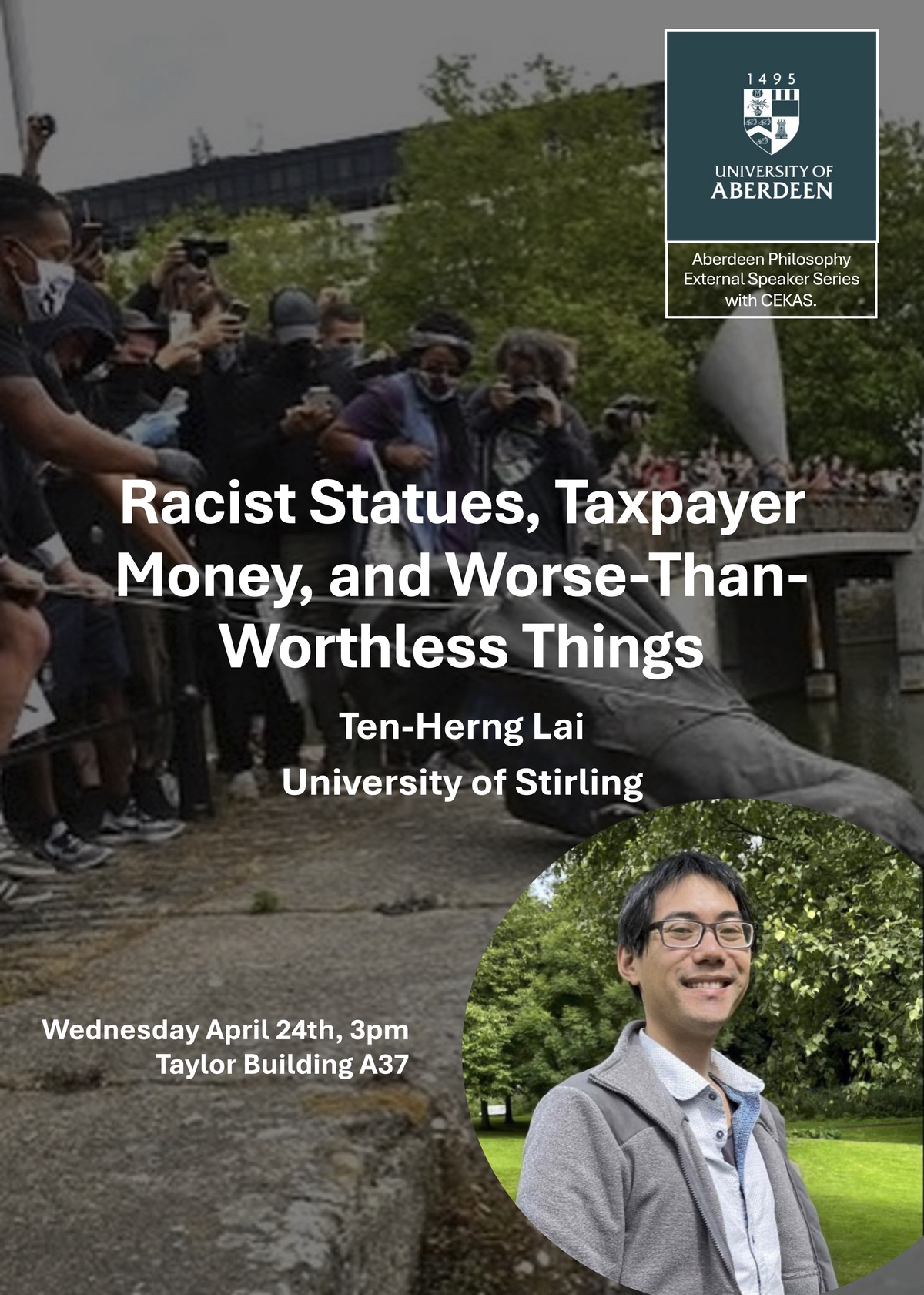 A poster advertising a talk by Ten-Herng Lai, entitled 'Racist Statues, Taxpayer Money, and Worse-Than-Worthless Things'.