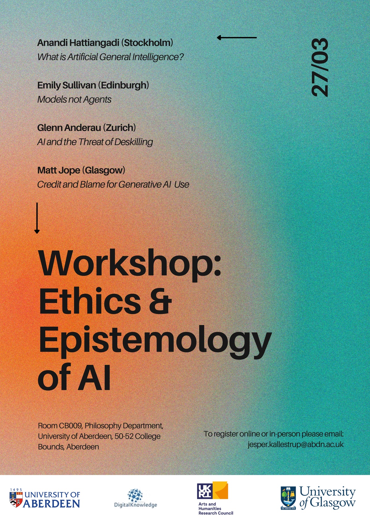 A poster advertising a workshop on the Ethics and Epistemology of AI. Held in March 2026.