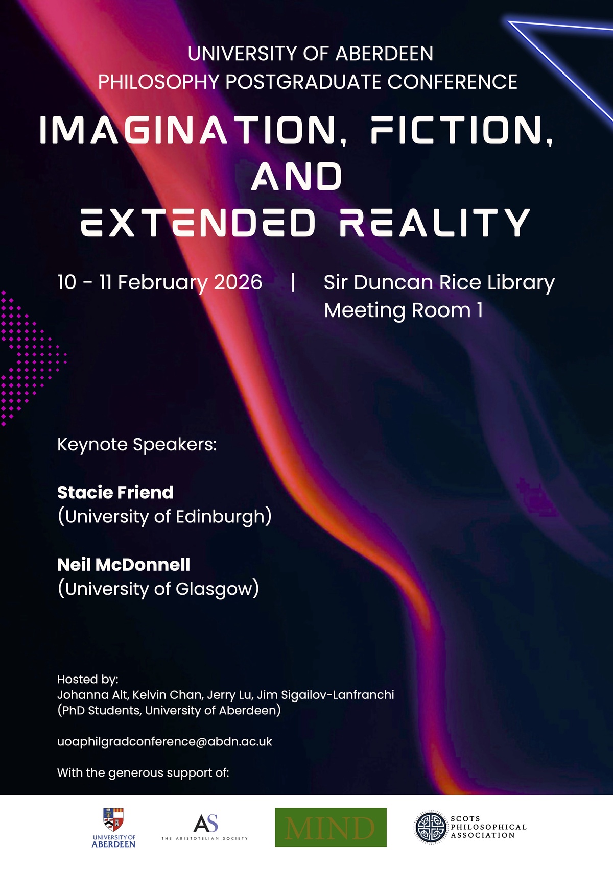A poster advertising a workshop on Imagination, Fiction, and Extended Reality, which was held at the University of Aberdeen in February 2026.