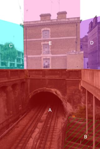 building located over metro and railway transport infrastructure and their urban environment in London, UK