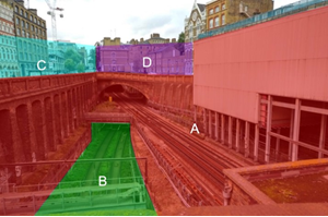 photograph showing the property interfaces of railway infrastructure, its surrounding environment, and third-party infrastructure, and how they affect and are affected by each other, in the Farringdon area of London