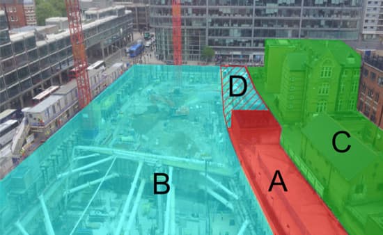 construction site split into zones A, B C and D