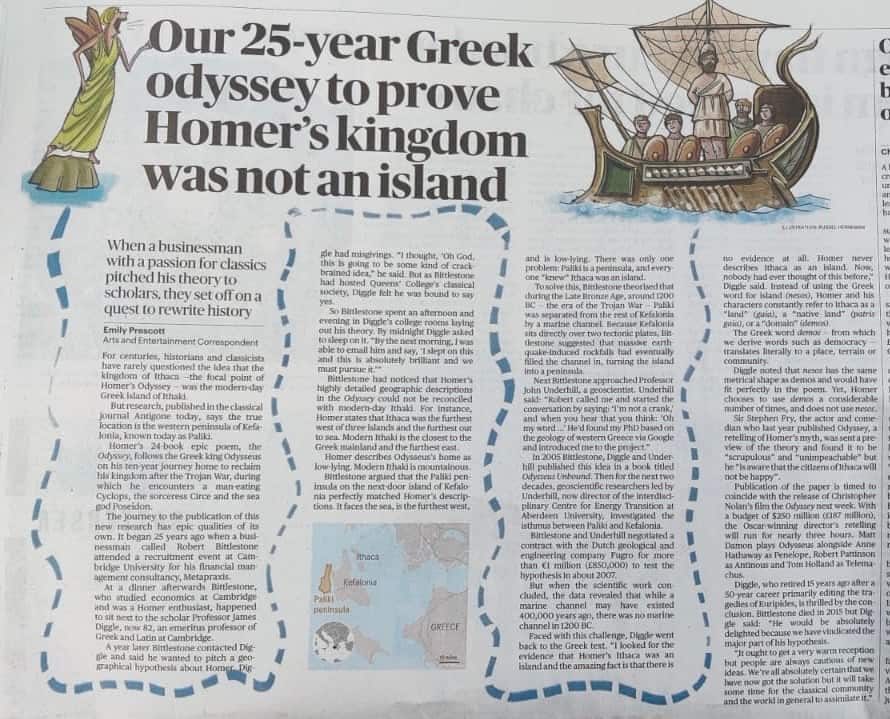 A newspaper article with the headline 'Our 25 year Greek odyssey to prove Homer's kingdom was not an island'
