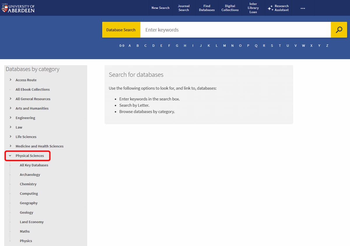 Screenshot of Primo Find Databases screen, with Physical Sciences circled in red. Left hand side shows a list of academic disciplines, the area of interest here is Physical Sciences. Below Physical Sciences we see All Key Databases, Archaeology, Chemistry and others.