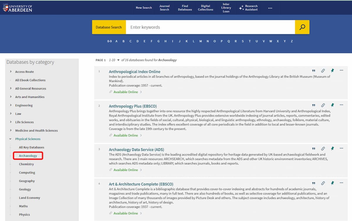 Screenshot of Primo Find Databases with Archaeology circled in red. On the right hand side a list of resources in Archaeology is featured. Anthropological Index Online is first, followed by Anthropology Plus and Archaeology Data Service.