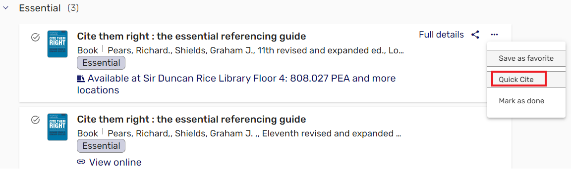 A screenshot on an item in leganto. The three dots by the item has been selected and there is a red box around the button labeled