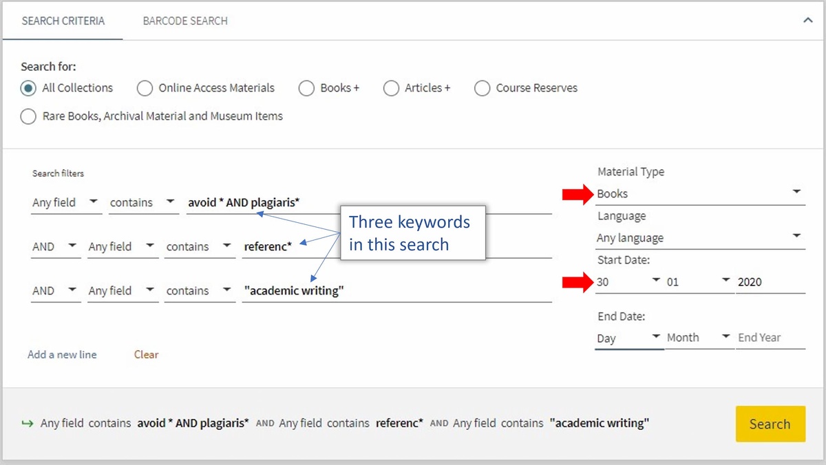 Example of advanced search using three different keywords. The keywords are: avoid* AND plagiaris*, referenc*,