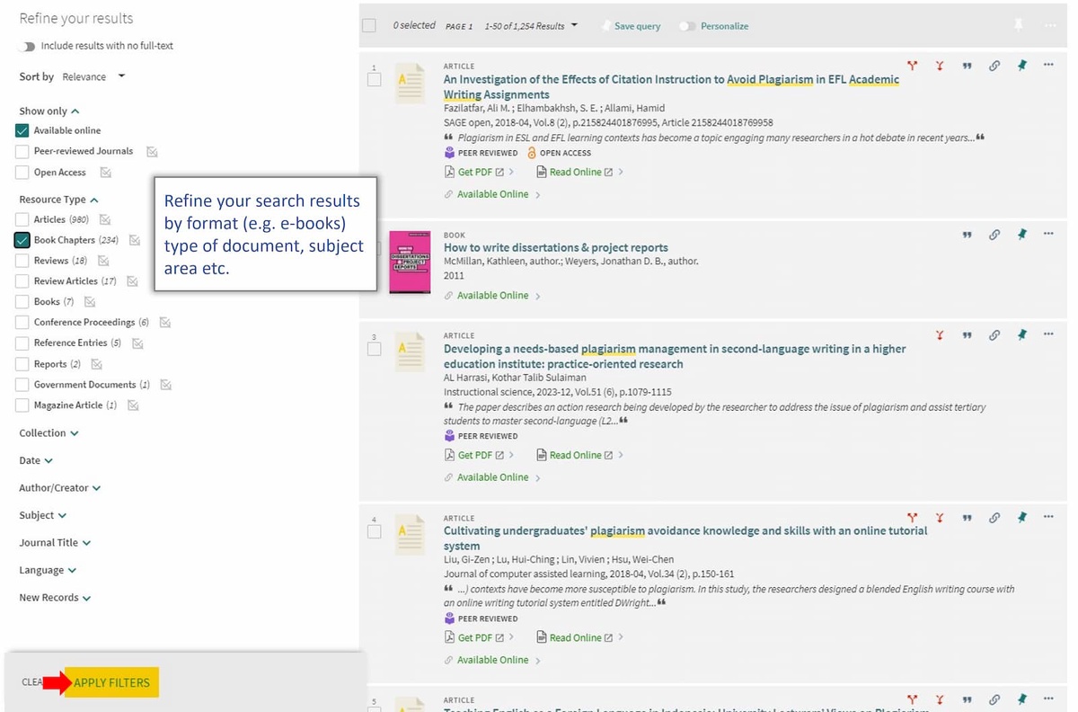 Search results screen in Primo with options to refine on the left. The Available Online and Book Chapter boxes are ticked.