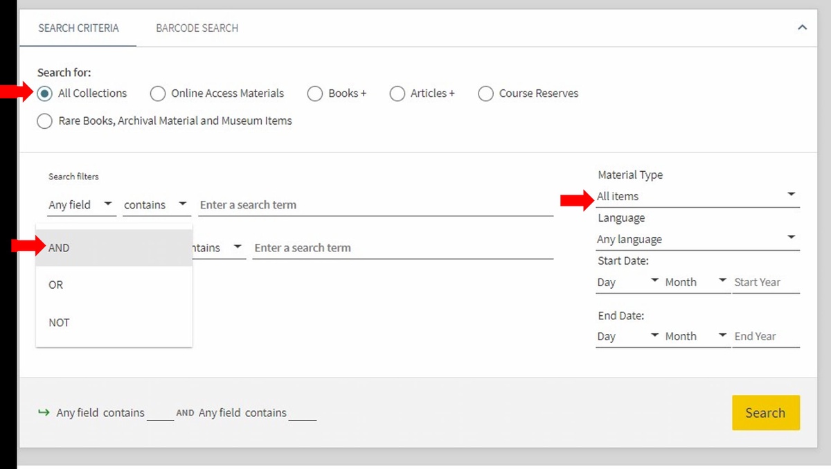 Screenshot of advanced search platform in Primo, red arrow pointing at All Collections radio button at the top of the screen. Further down another red arrow points at Boolean Operator AND as the default liking word. To the right another red arrow points at Material Type option - this is for selecting the type of document for example books. Advanced platform consists of three lines.