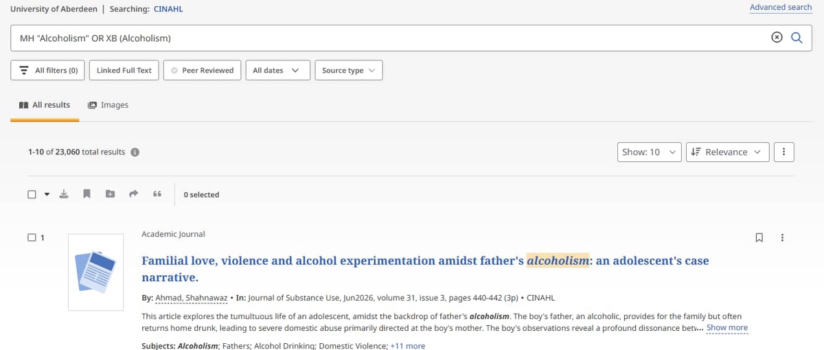 Image showing the Results Page on CINAHL