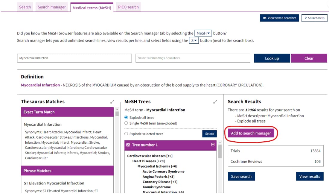 Image shows how to use the Medical terms (MeSH) tab