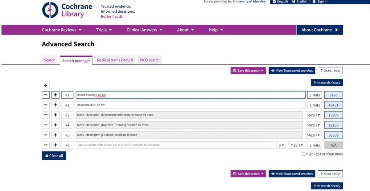 Image shows how to create a search strategy in Cochrane
