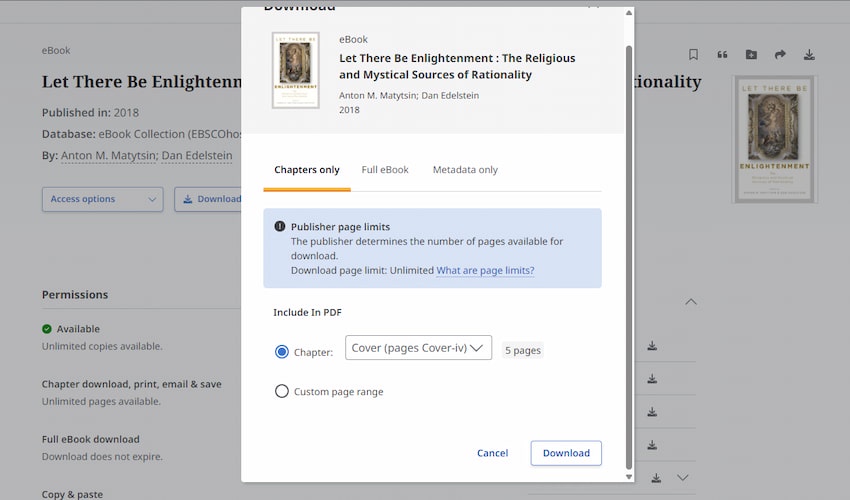 Screenshot showing the download screen for a book on EBSCO host