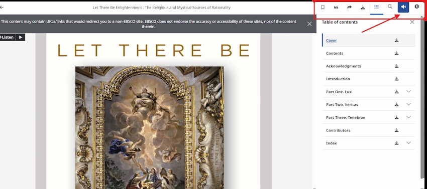 Screenshot showing the toolbar on the EBSCO reader