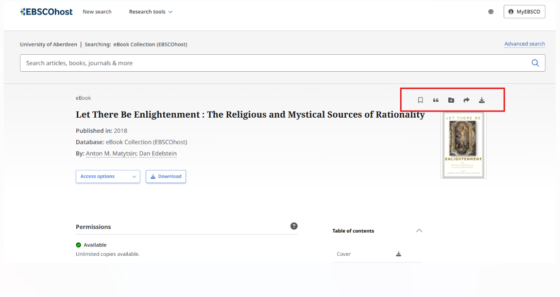 Screenshot showing the toolbar on the EBSCO website