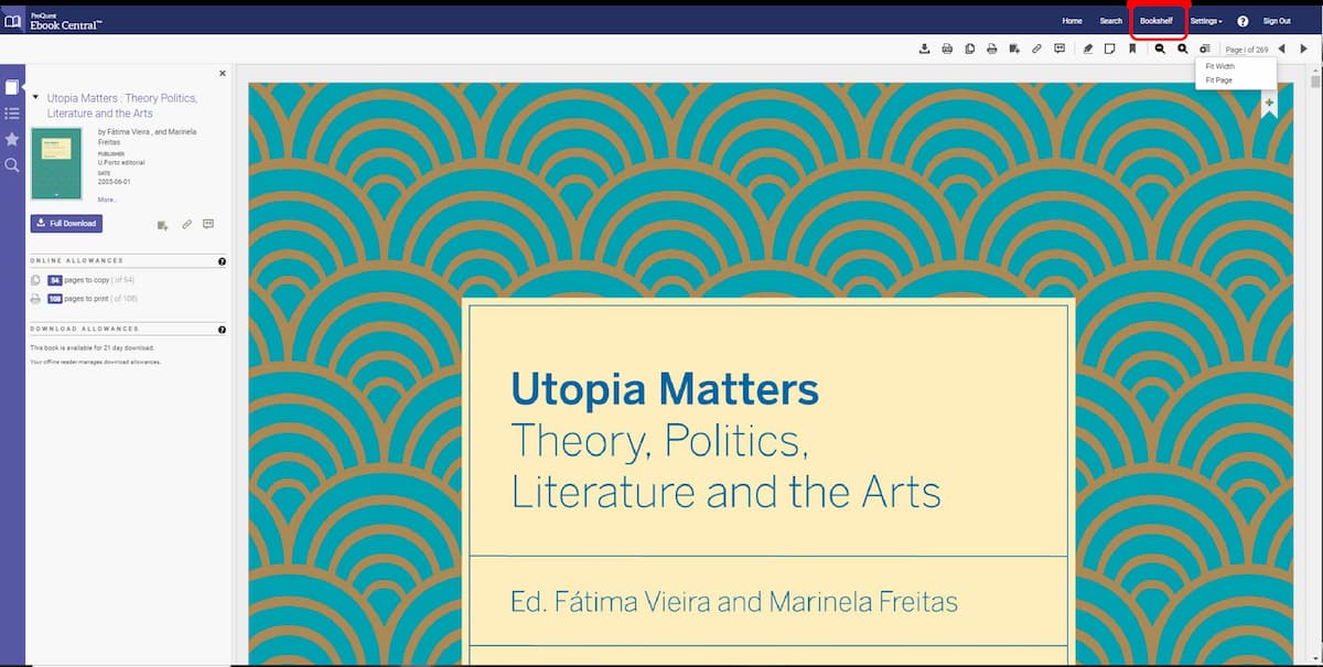 Image of Ebook Central reader with Bookshelf option highlighted