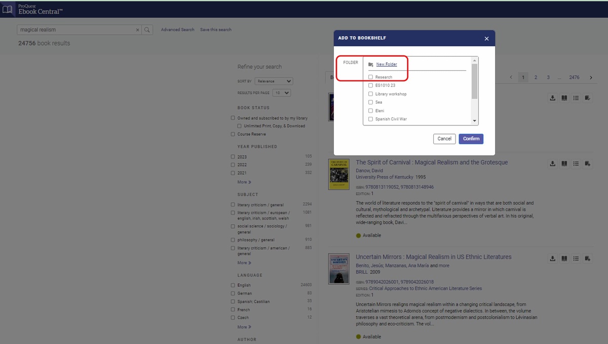 The new folder option in a window entitled add to bookshelf