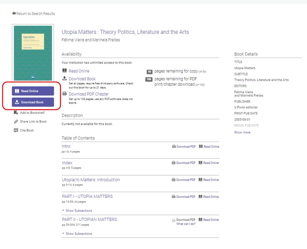 Screenshot of ebook central with the read online and download book options circled in red on the left side of the screen