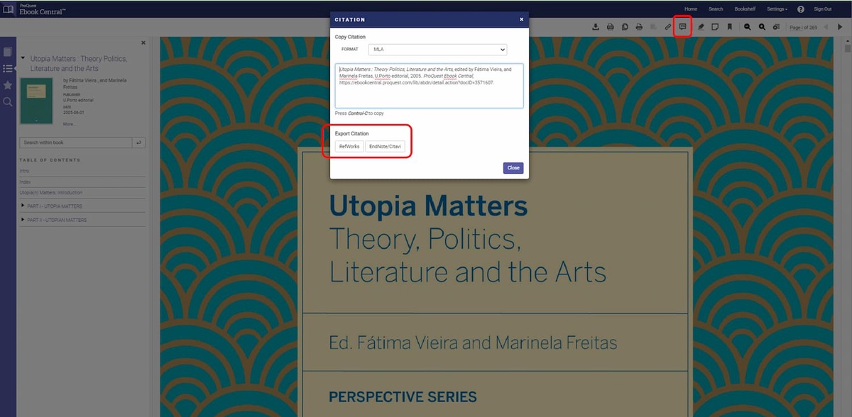 Citation window in Ebook Central with Export Citation option circled