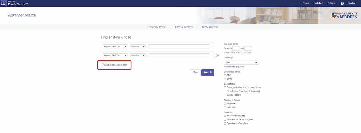 Ebook Central advanced search screen with add another search item option circled on the left