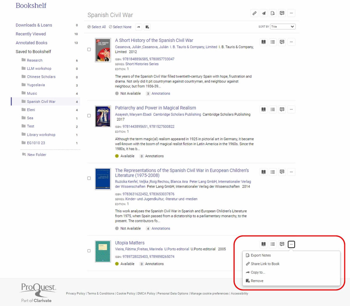 Ebook central results screen with export notes and share link to book and copy to and remove options circled at the bottom right