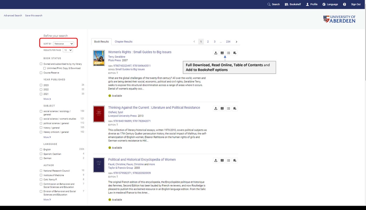 The results screen in ebook central with a list of search results and the sort by relevance option circled at the top left
