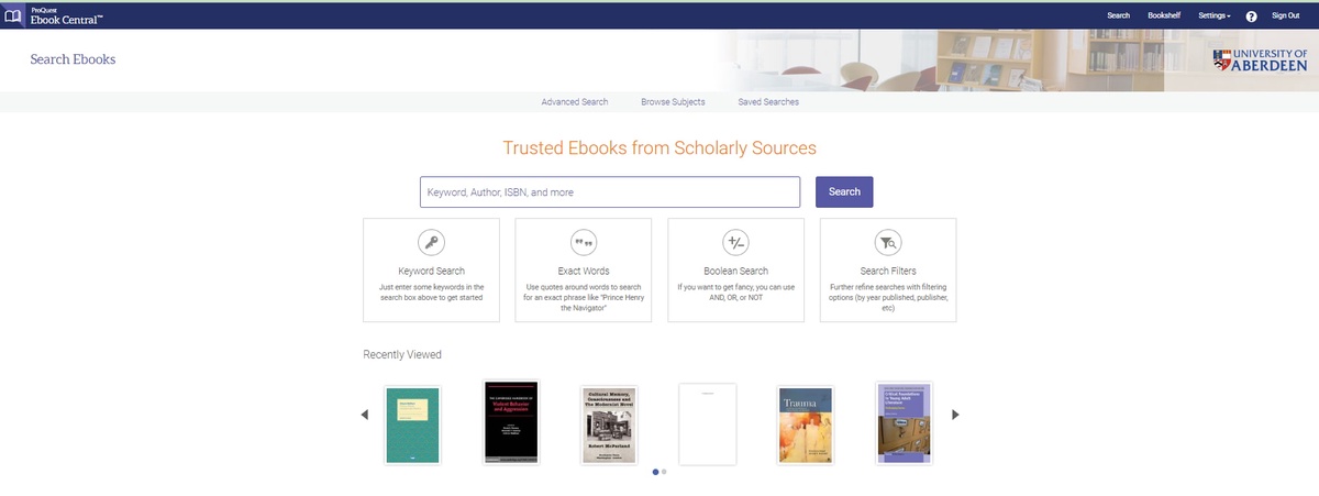 Ebook central search page with search box in centre