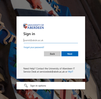 Screenshot of Microsoft Office sign in window. White box with UoA logo in the top left corner with Sign in field below for entering computer username associated with UoA. Blue Next button on the right hand side of the box.
