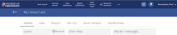 Screenshot of My Library Card menu in Primo showing options under My Library Card: overview, loans, requests, fine+fees, blocks and messages, personal details