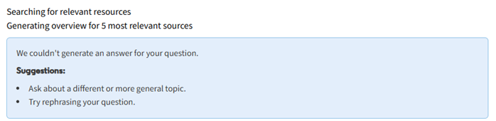 Screenshot of Primo Research Assistant displaying a result where no generative AI response is returned